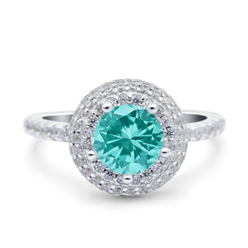 Halo Art Deco Wedding Ring Round Simulated Paraiba Tourmaline CZ 925 Sterling Silver